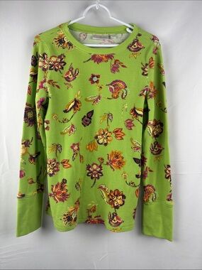 Belle by Kim Gravel Waffle Thermal L/S Shirt Lime Green Floral Size S QVC